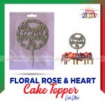 Floral Rose and Heart Cake Topper Gold Glitter